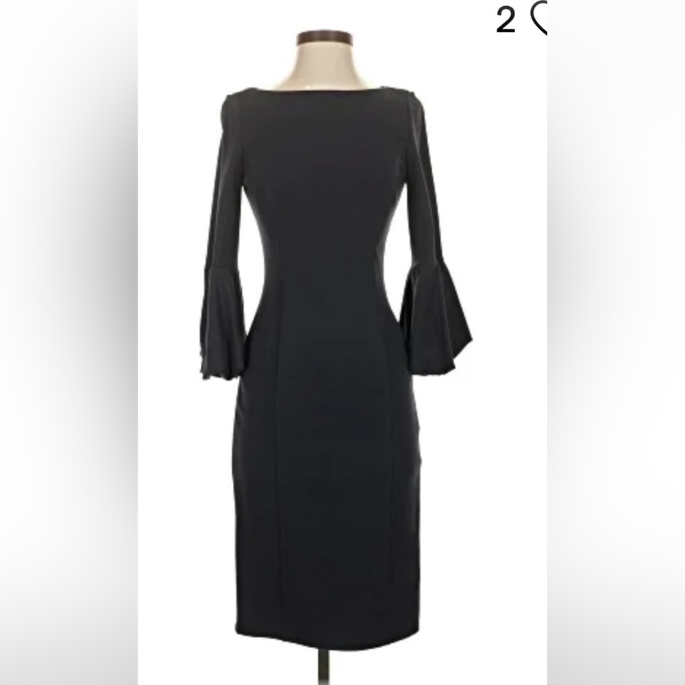 Eliza J Black Crepe Sheath Dress w exaggerated Bell Sleeves, Midi Length